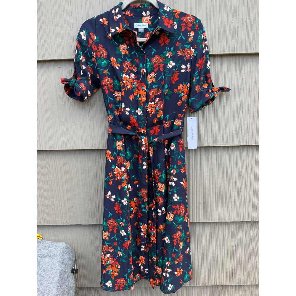 Calvin Klein Navy Floral Shirt Dress Short Sleeve Tie Cuff CD5ENA2W Size 2 NWT